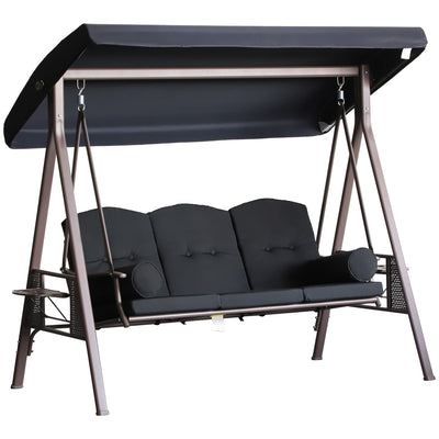Outsunny 3-Person Porch Swing Chair Heavy Duty Outdoor Lounge Hammock with Cushioned Seat and Tilt Canopy Black 