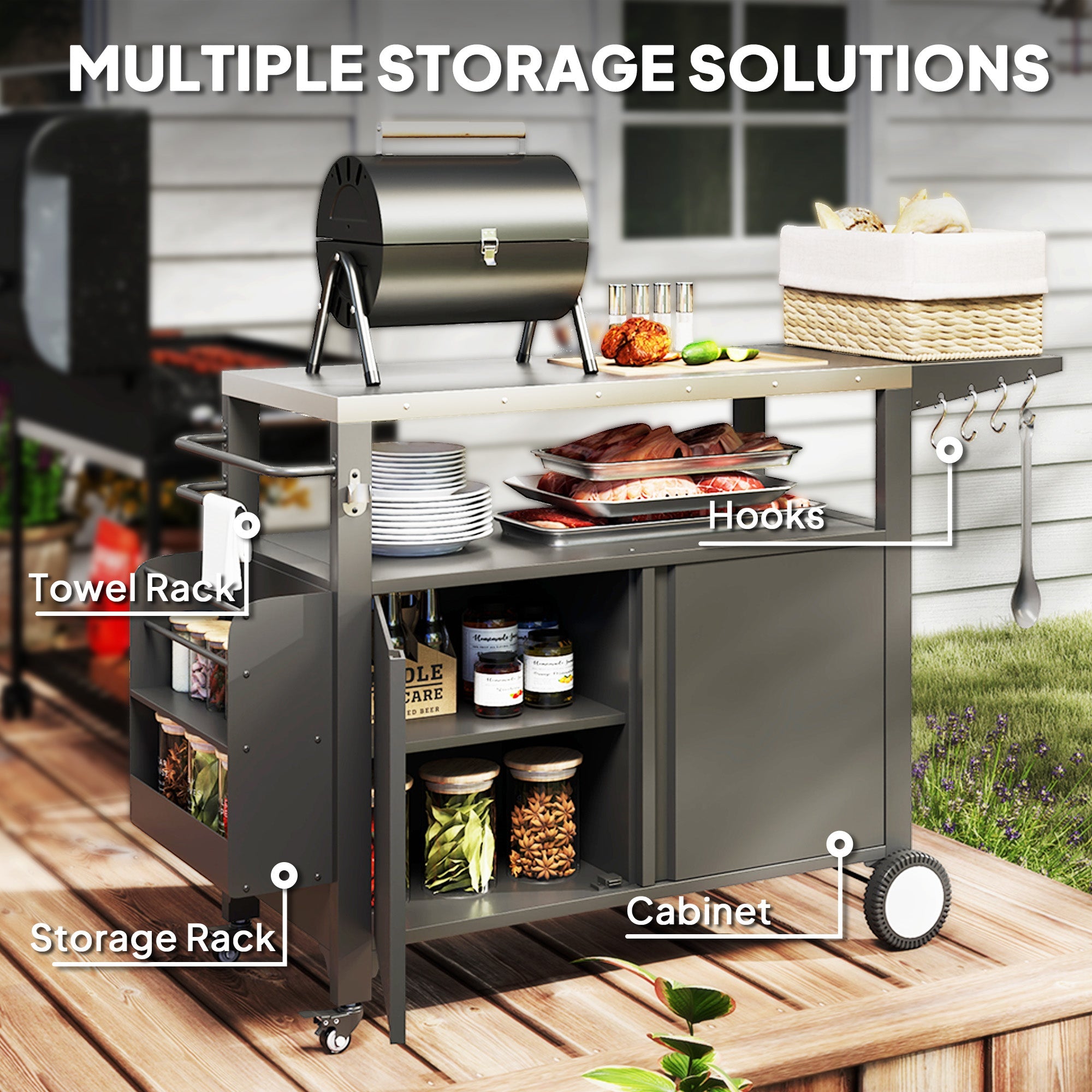 Outsunny Outdoor Grill Cart with Foldable Side Table, Stainless Steel Tabletop, Pizza Oven Stand with Storage Rack, Wheels 