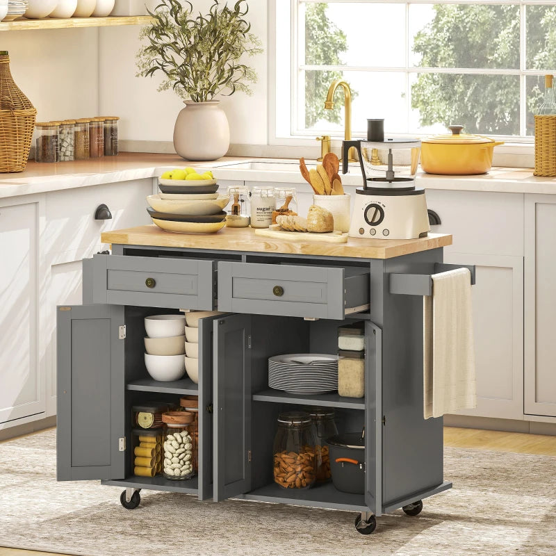 Kitchen Island with Storage, Rolling Trolley Cart with Rubber Wood Top, Spice Rack, Towel Rack, 2 Locking Brakes,Grey