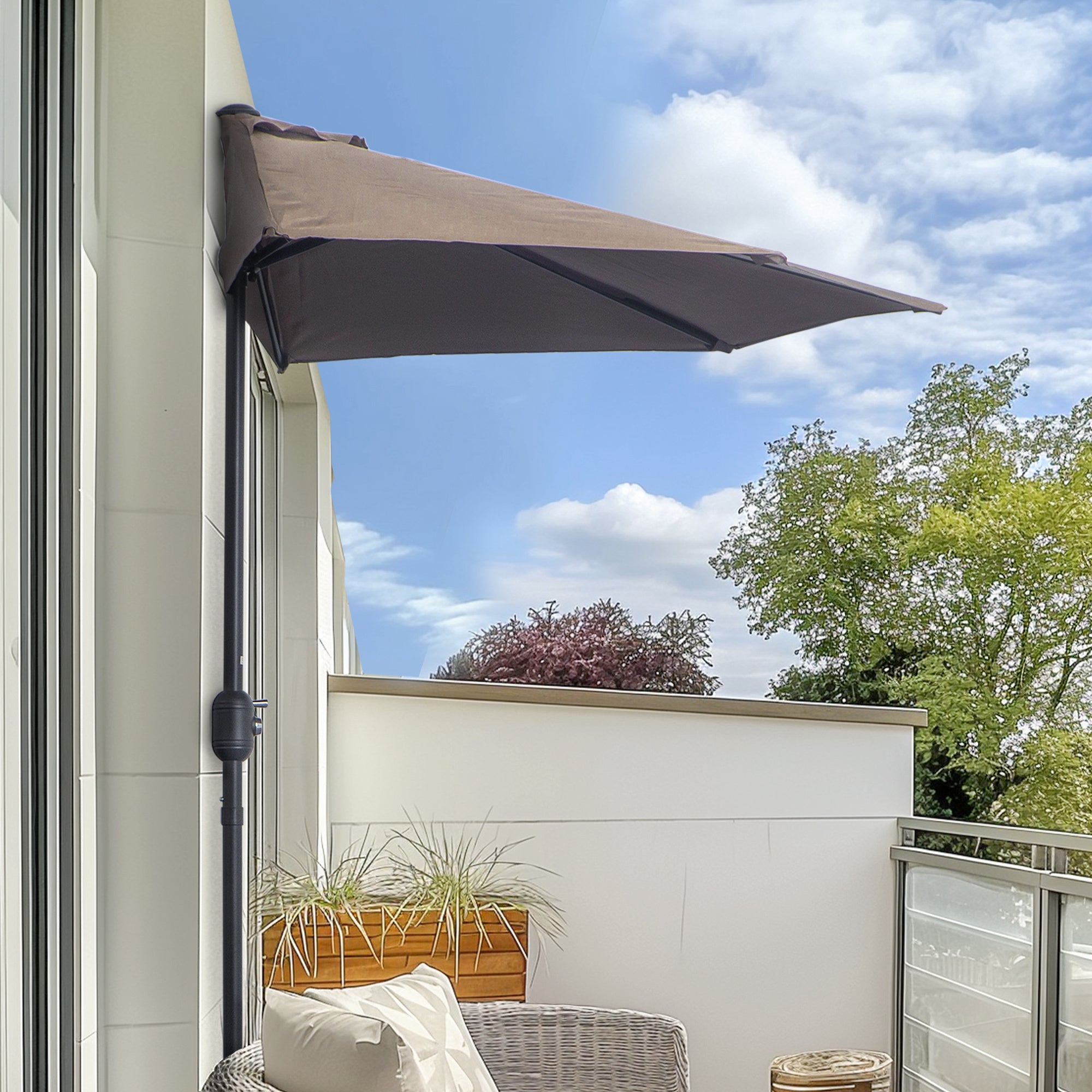 Outsunny 9ft Half Round Umbrella Outdoor Patio Garden Balcony Parasol Window Sun Shade w/ 5 Ribs Coffee 