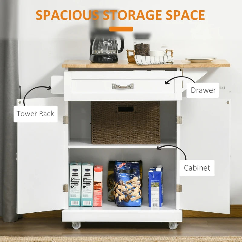 Foldable Kitchen Island with Storage Drawer, Farmhouse Style Rolling Utility Cart, Coffee Bar Cabinet on Wheels with Drop-Leaf Wood Top, White