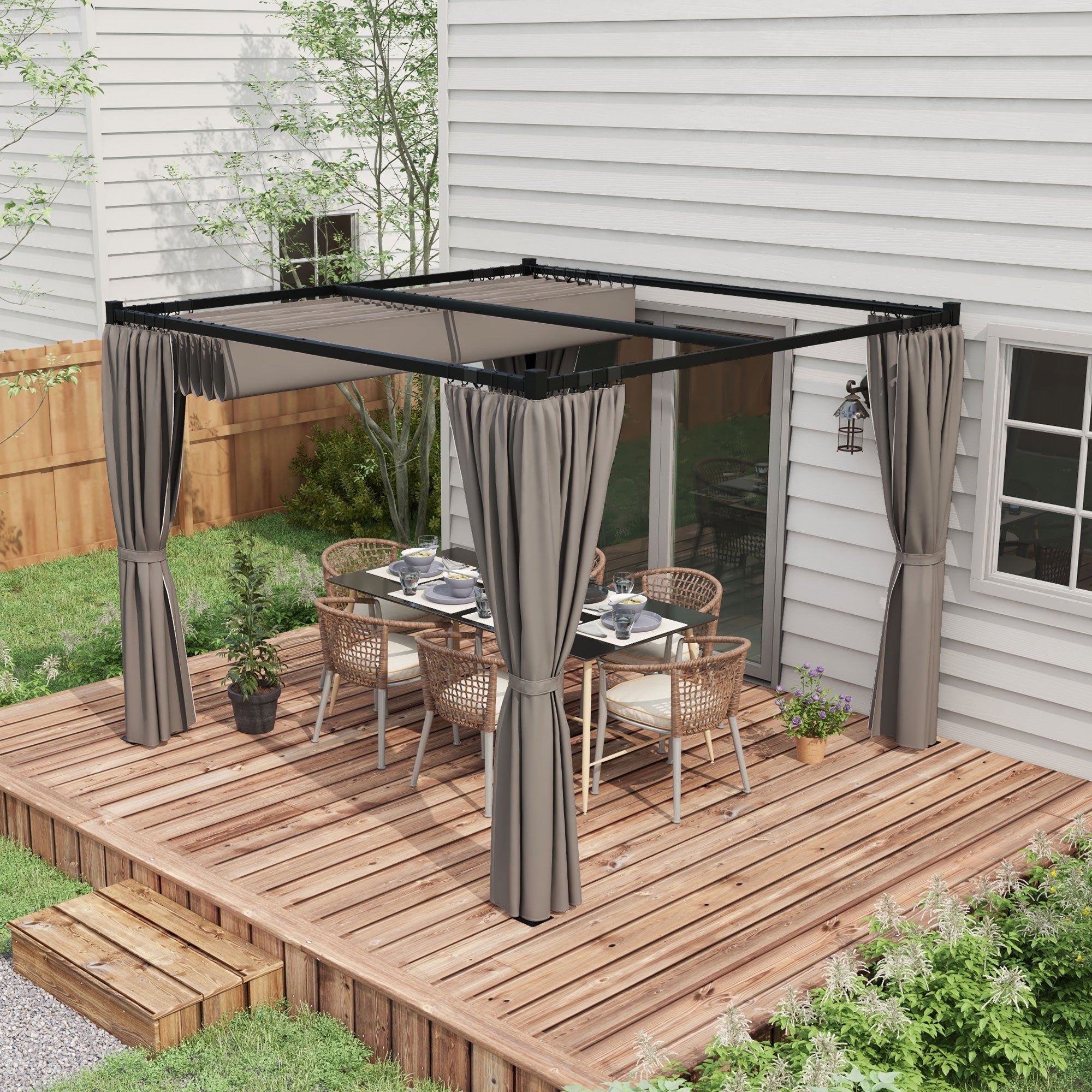 Outsunny 10' x 10' Retractable Pergola, Garden Gazebo Shelter with Curtains, for Grill, Patio, Deck, Light Grey 