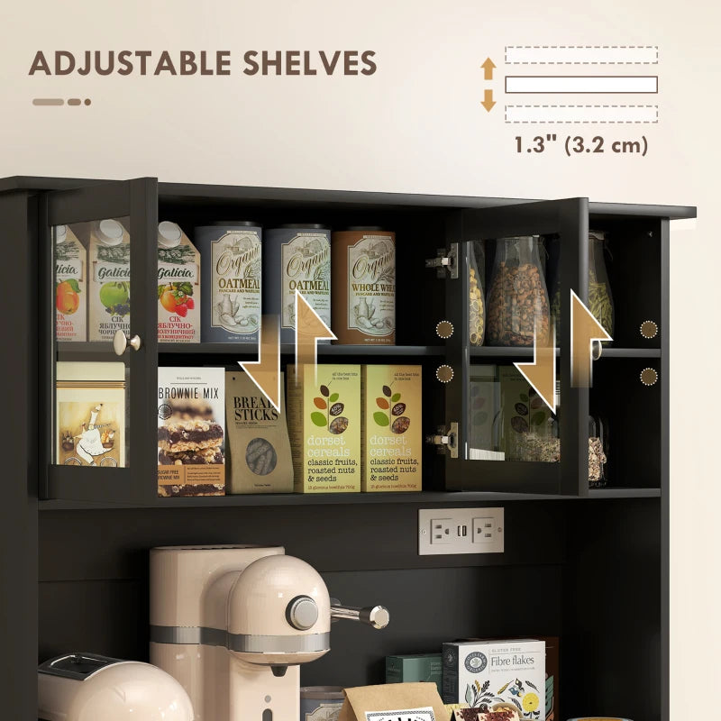 Kitchen Cabinet with Charging Station, 2 Tilt Out Cabinets, Microwave Stand, Freestanding Kitchen Pantry Cabinet, Black