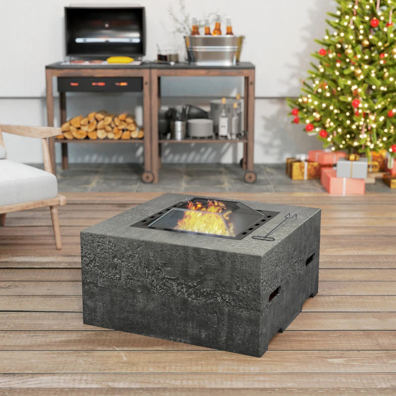 Fire Pit with Fire Poker, Wood Burning Firepit for Outside with Mesh Lid, Magnesium Oxide Stone Texture, Charcoal Grey