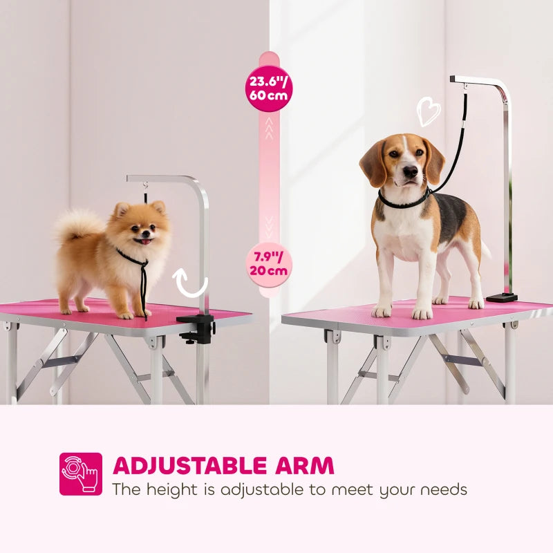 Foldable Pet Grooming Table for Dogs Cats with Adjustable Arm, Non-slip Surface, Pink