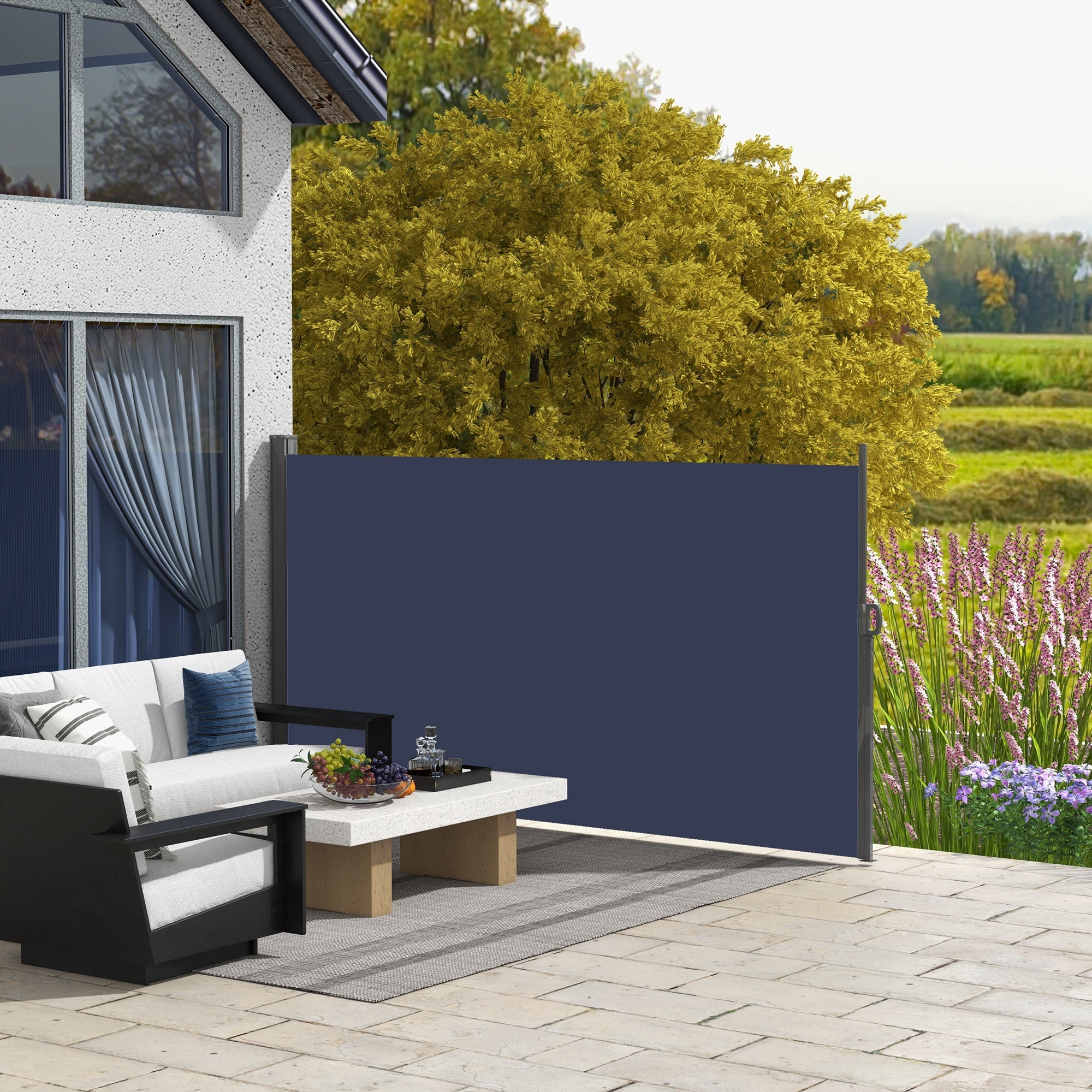 Outsunny 118"x63" Outdoor Retractable Privacy Screen Patio Side Awning Folding Divider UV Wind Resistant Dark Blue 