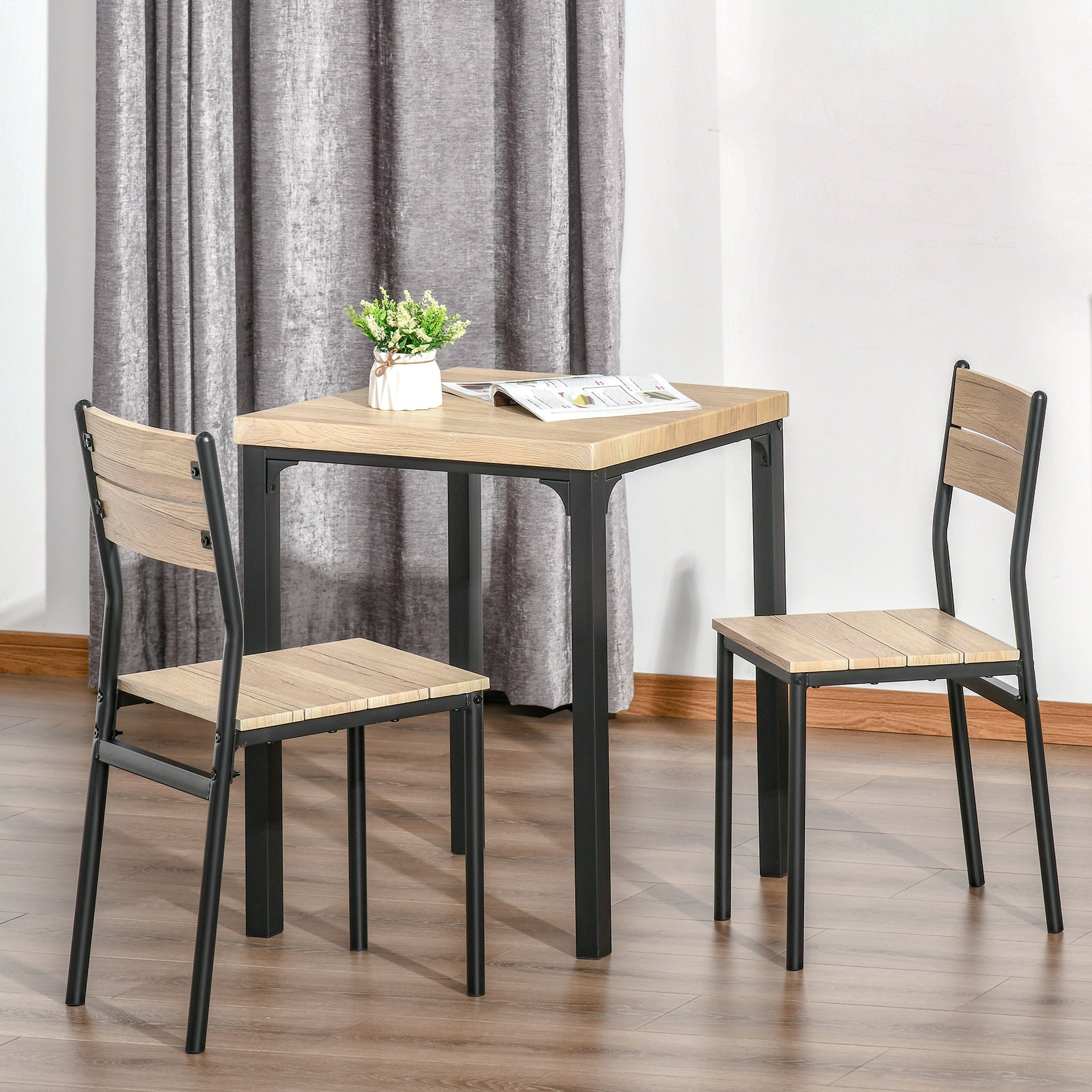 HOMCOM 3pcs Wooden Dining Set Industrial Style Wood and Metal Kitchen Table Set for 2 Chairs Modern and Sleek Dinette Home Furniture 