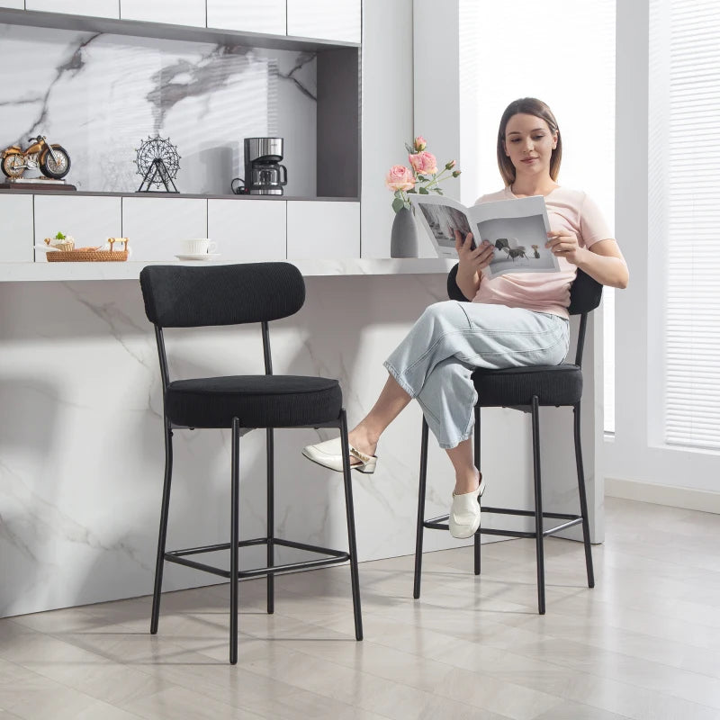 Set of 2 Barstools, Upholstered Corduroy Bar Stools with Backrest, Footrest for Kitchen Island, Dining Room, Black