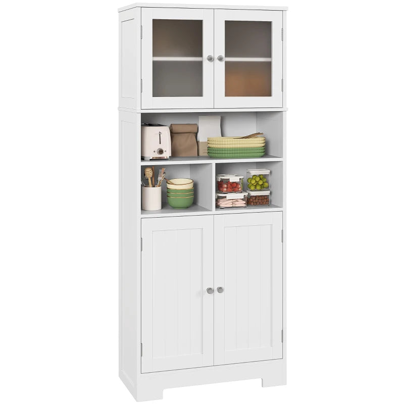 57" Kitchen Pantry, Freestanding Pantry Storage Cabinet with Glass Doors, Adjustable Shelves, Open Compartments, White