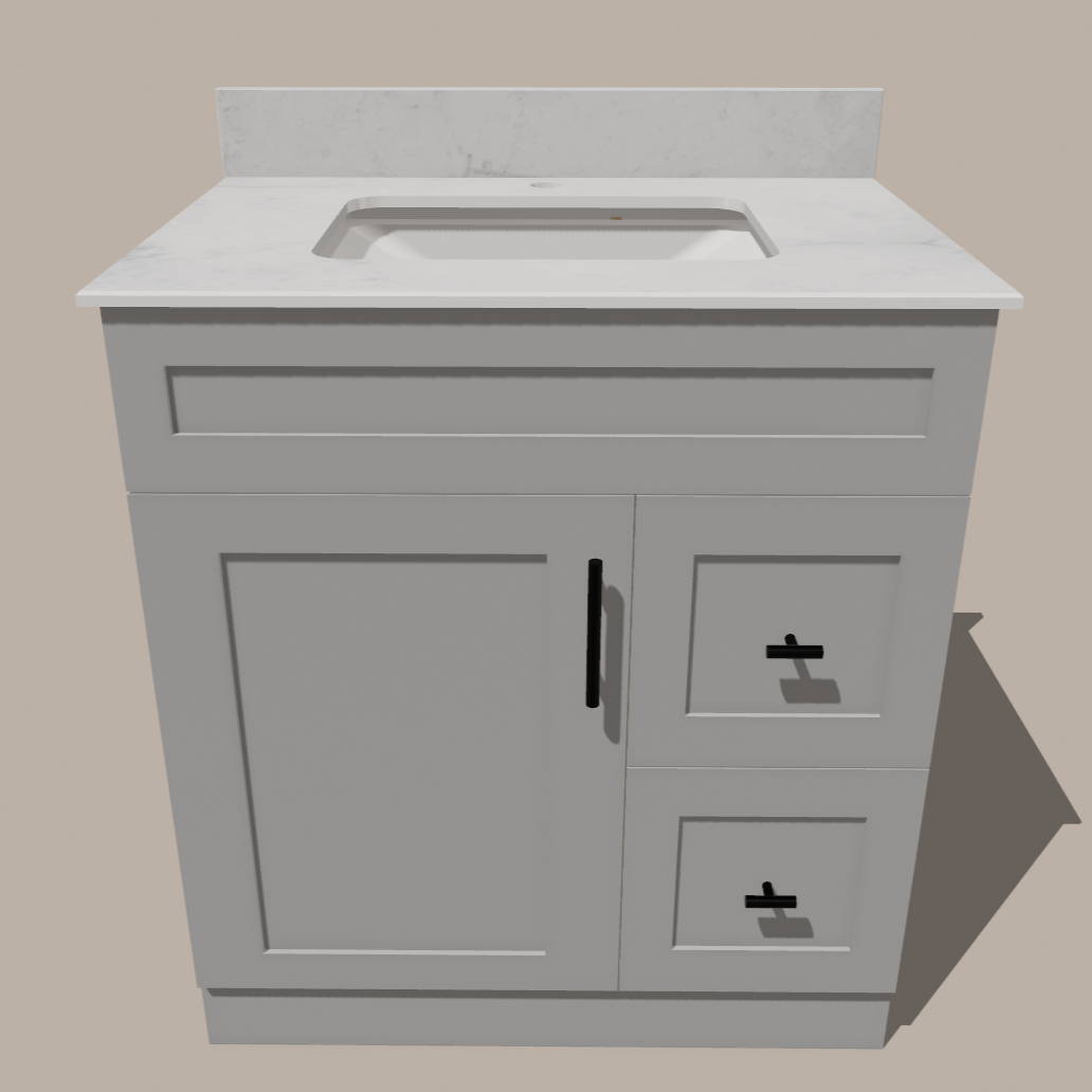 30-Inch Shaker Bathroom Vanity with Drawers — Left or Right | White or Gray | Plywood Cabinet, Solid-Wood Door, Soft-Close 3-Way Clip-On Hinges 