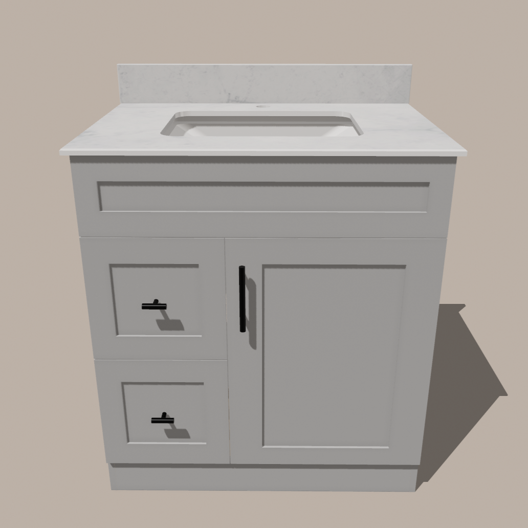 30-Inch Shaker Bathroom Vanity with Drawers — Left or Right | White or Gray | Plywood Cabinet, Solid-Wood Door, Soft-Close 3-Way Clip-On Hinges 