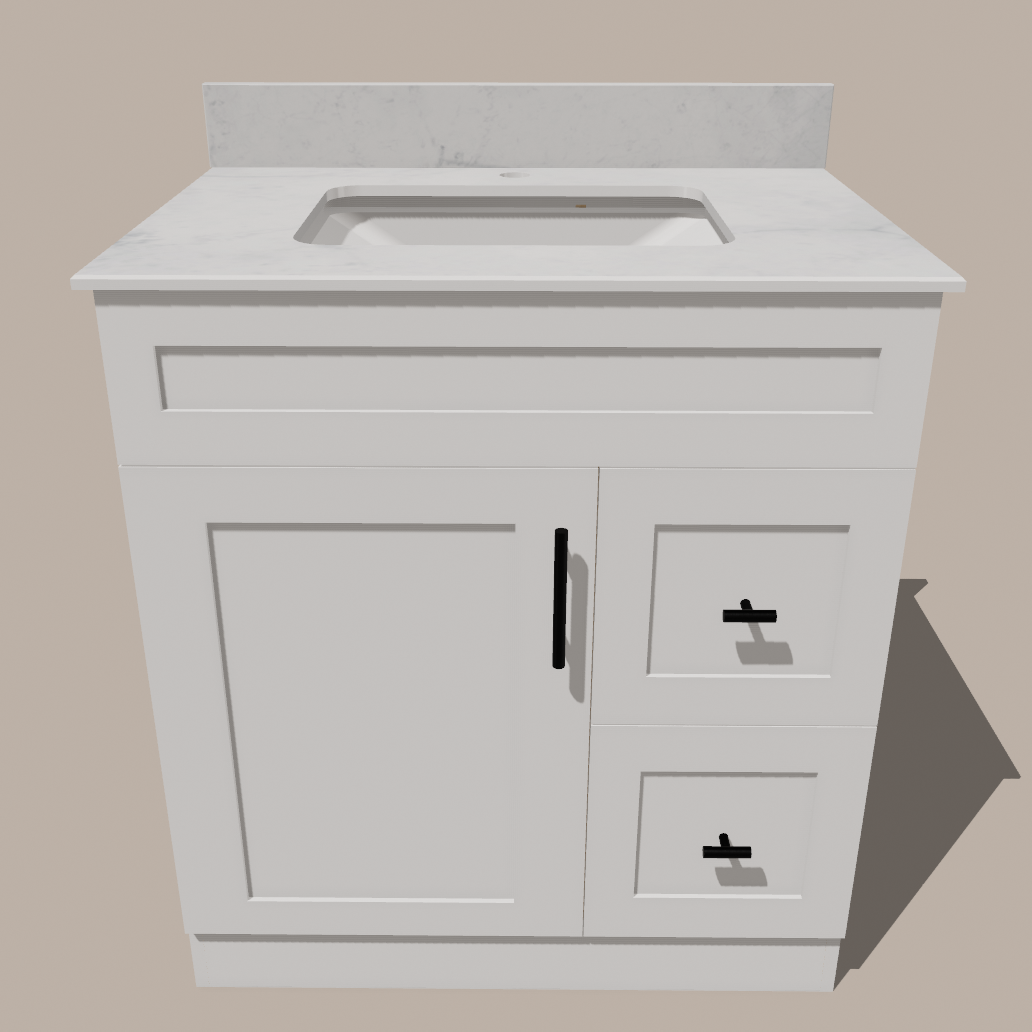 30-Inch Shaker Bathroom Vanity with Drawers — Left or Right | White or Gray | Plywood Cabinet, Solid-Wood Door, Soft-Close 3-Way Clip-On Hinges 