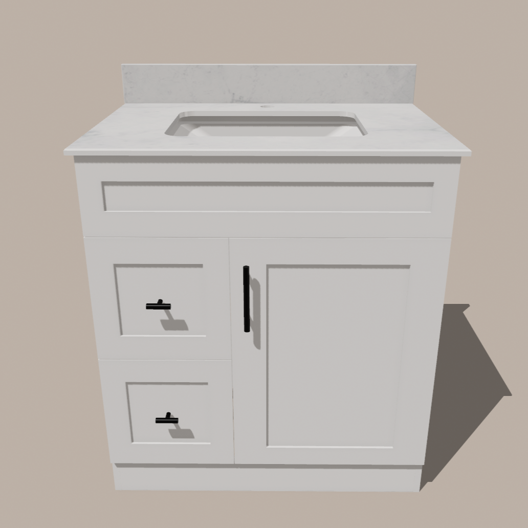 30-Inch Shaker Bathroom Vanity with Drawers — Left or Right | White or Gray | Plywood Cabinet, Solid-Wood Door, Soft-Close 3-Way Clip-On Hinges 