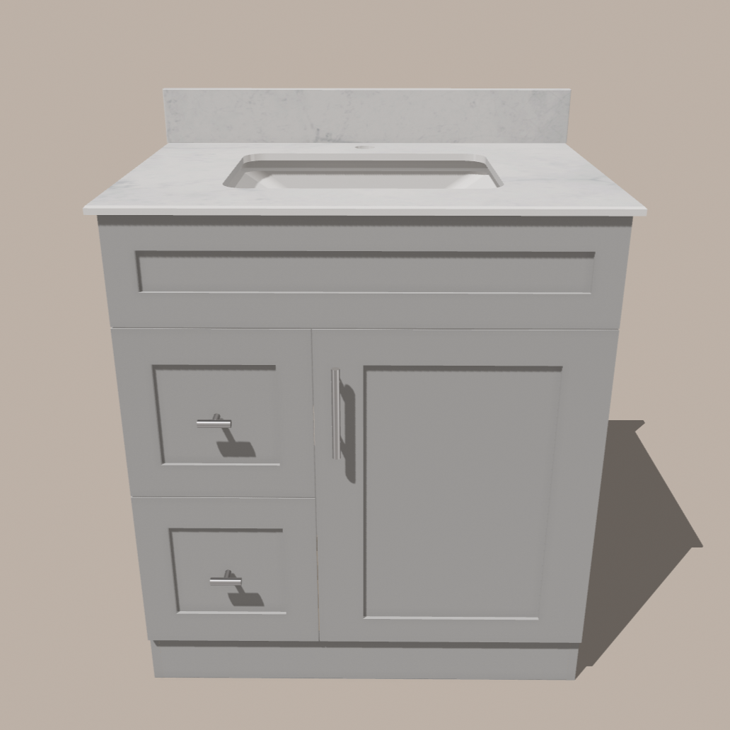 30-Inch Shaker Bathroom Vanity with Drawers — Left or Right | White or Gray | Plywood Cabinet, Solid-Wood Door, Soft-Close 3-Way Clip-On Hinges 