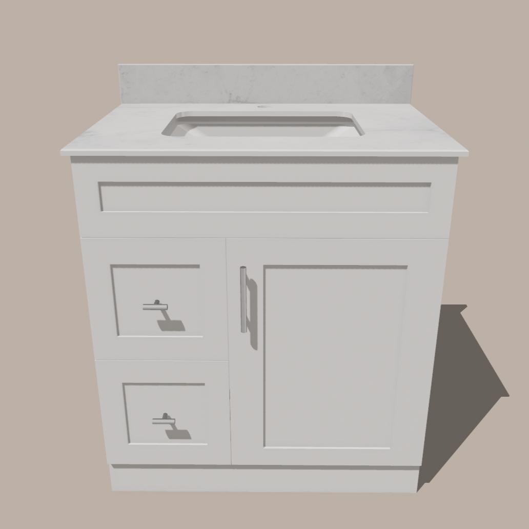 30-Inch Shaker Bathroom Vanity with Drawers — Left or Right | White or Gray | Plywood Cabinet, Solid-Wood Door, Soft-Close 3-Way Clip-On Hinges 
