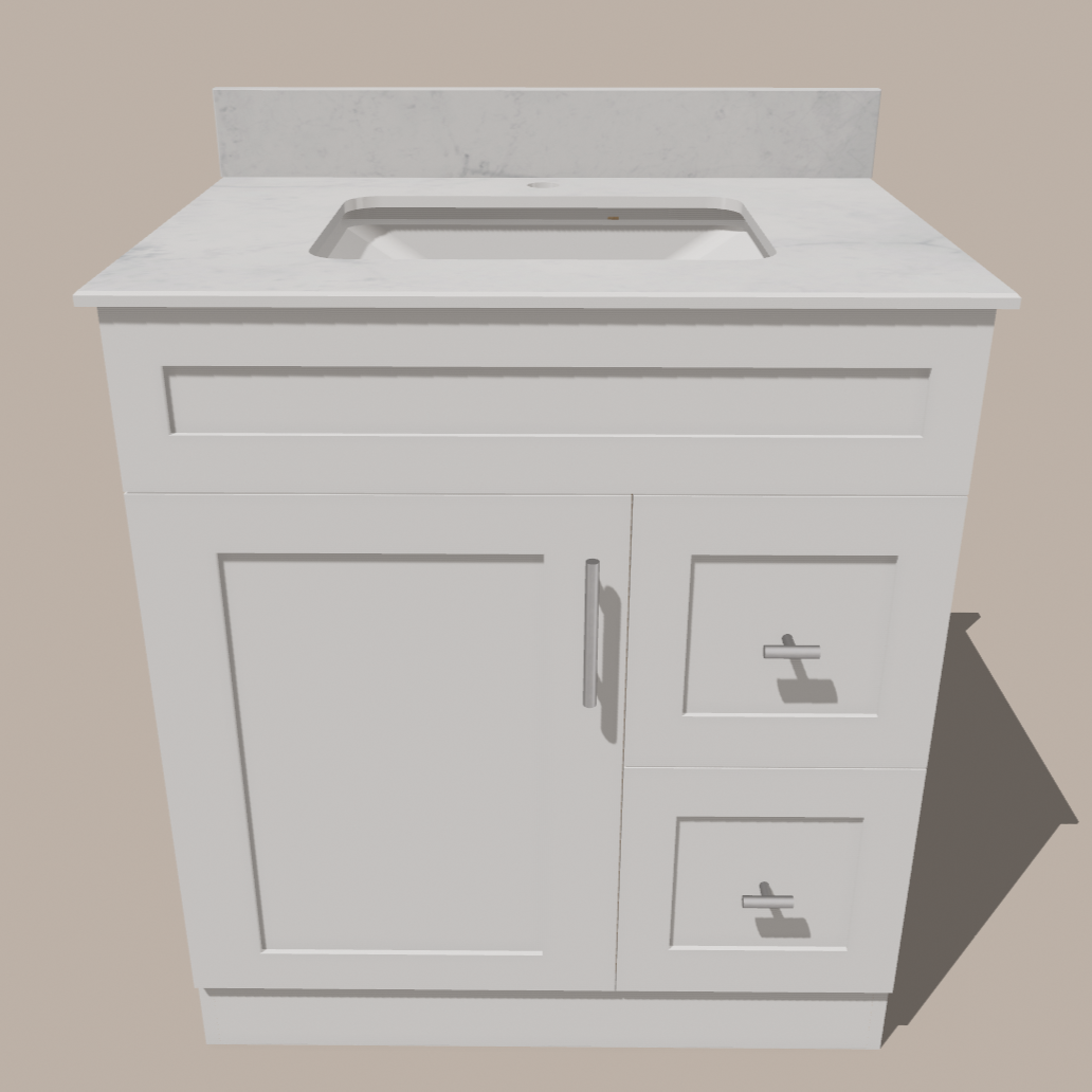 30-Inch Shaker Bathroom Vanity with Drawers — Left or Right | White or Gray | Plywood Cabinet, Solid-Wood Door, Soft-Close 3-Way Clip-On Hinges 