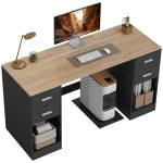 Office Desk, 55" Computer Desk with 4 Reversible Drawers, Mobile PC Stand, Adjustable Shelf, White Wood Grain