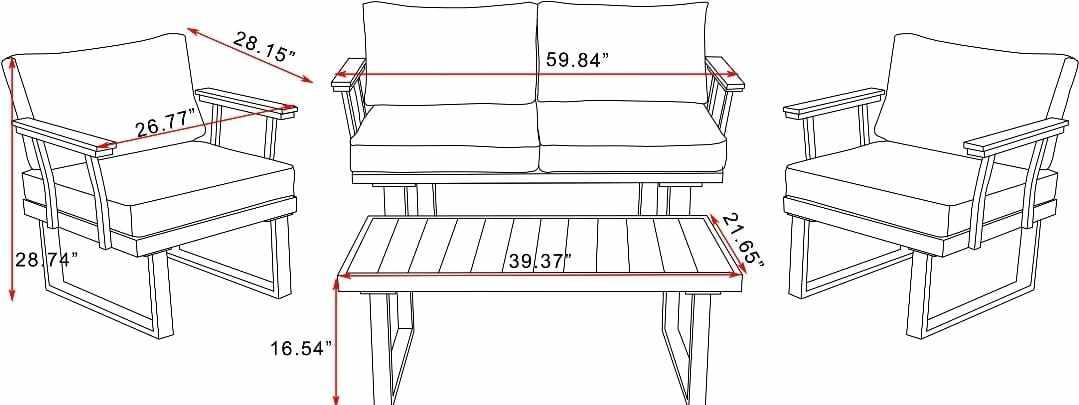 VAKKER  Modern 4 Seater Aluminum Patio Set with Polywood Coffee Table CHARCOAL GREY CUSHION 