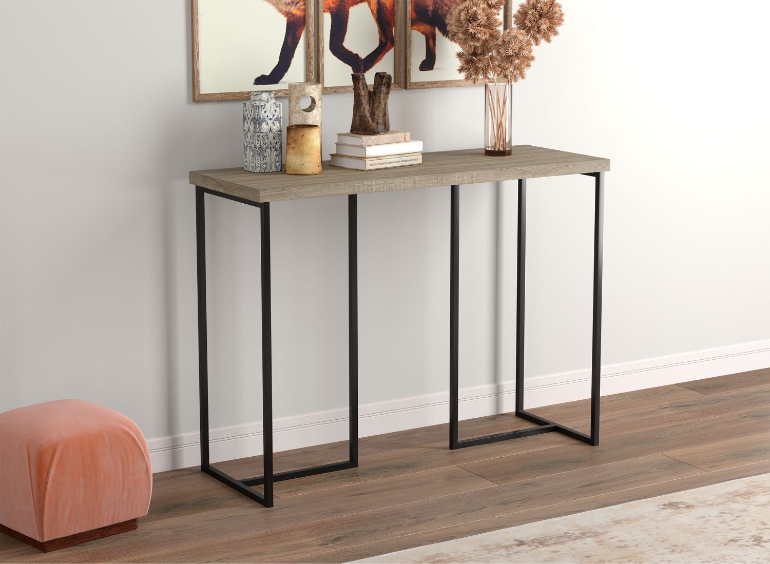 Refined 39" Console Table with Dark Taupe Top and Black Metal Frame 