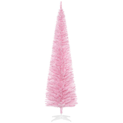 HOMCOM 7' Pencil Christmas Tree, Slim Artificial Xmas Tree with Realistic Branches, Sturdy Metal Stand, Pink 