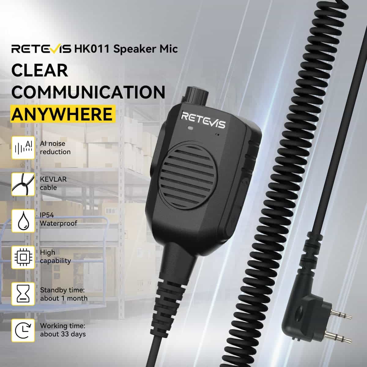 Retevis HK011 Amateur Ham Two-Way Radio Speaker Microphone With AI Noise Canceling Microphone 2 Pin K Plug 