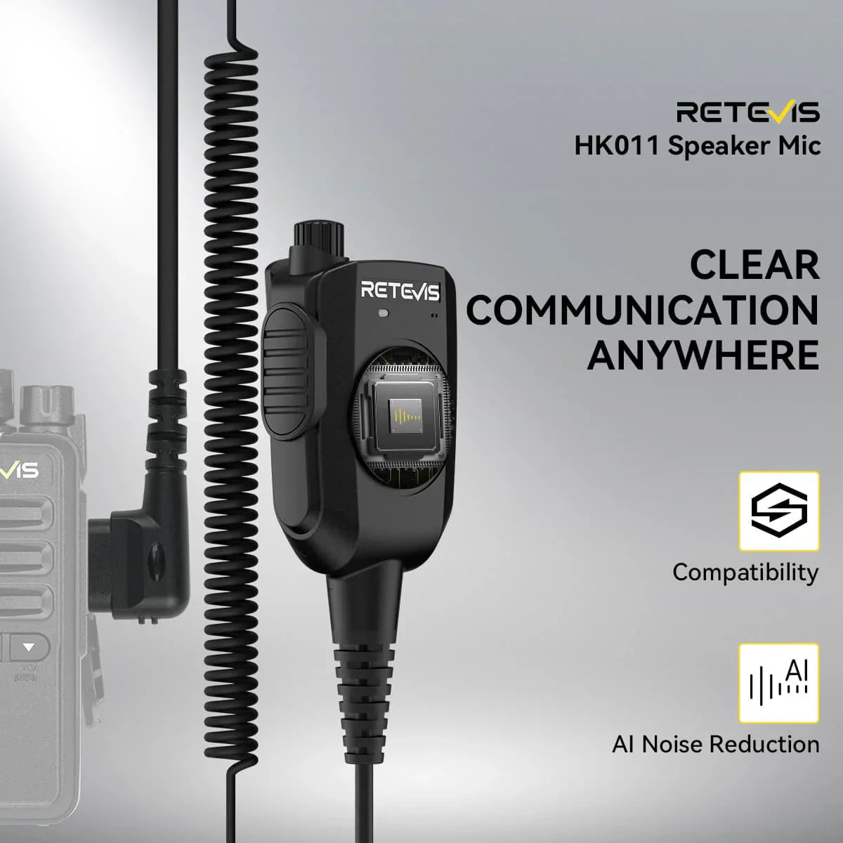 Retevis HK011 Amateur Ham Two-Way Radio Speaker Microphone With AI Noise Canceling Microphone 2 Pin K Plug 