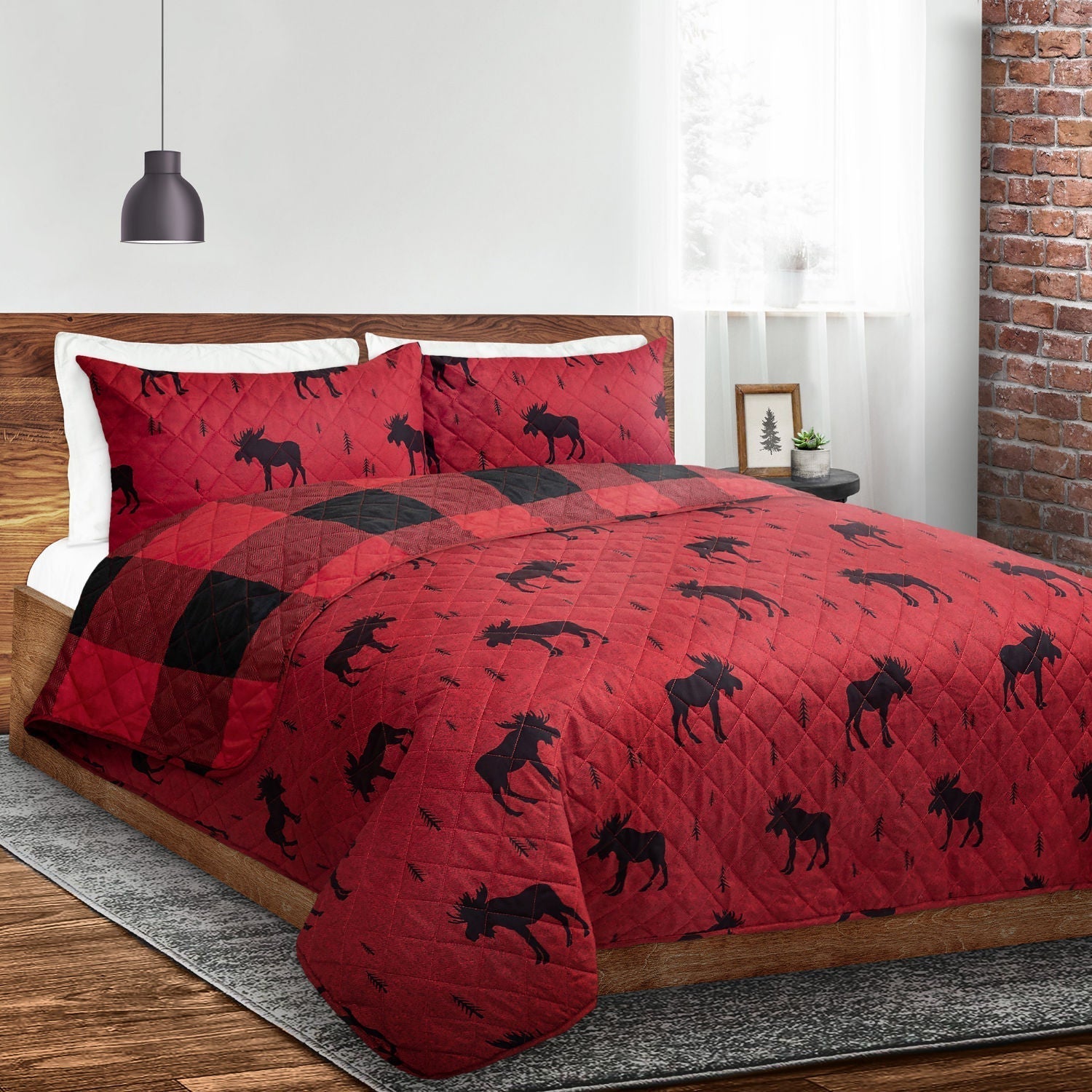Reversible Printed Quilt Bedding Set 3 Piece Double/Queen 90X90 Red Moose Ddp 