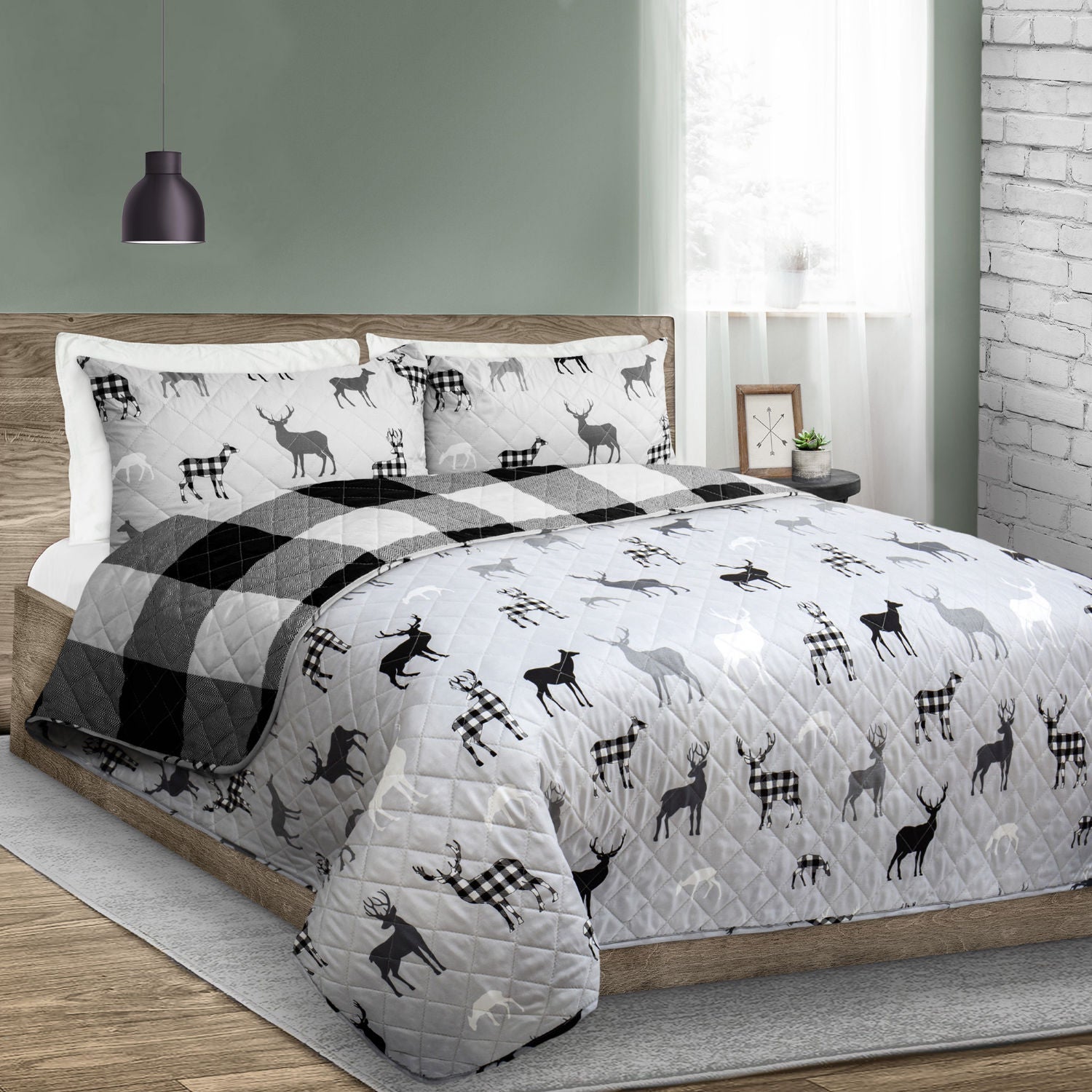 Reversible Printed Quilt Bedding Set 3 Piece King 104X92 Grey Deer Rustic Cabin 