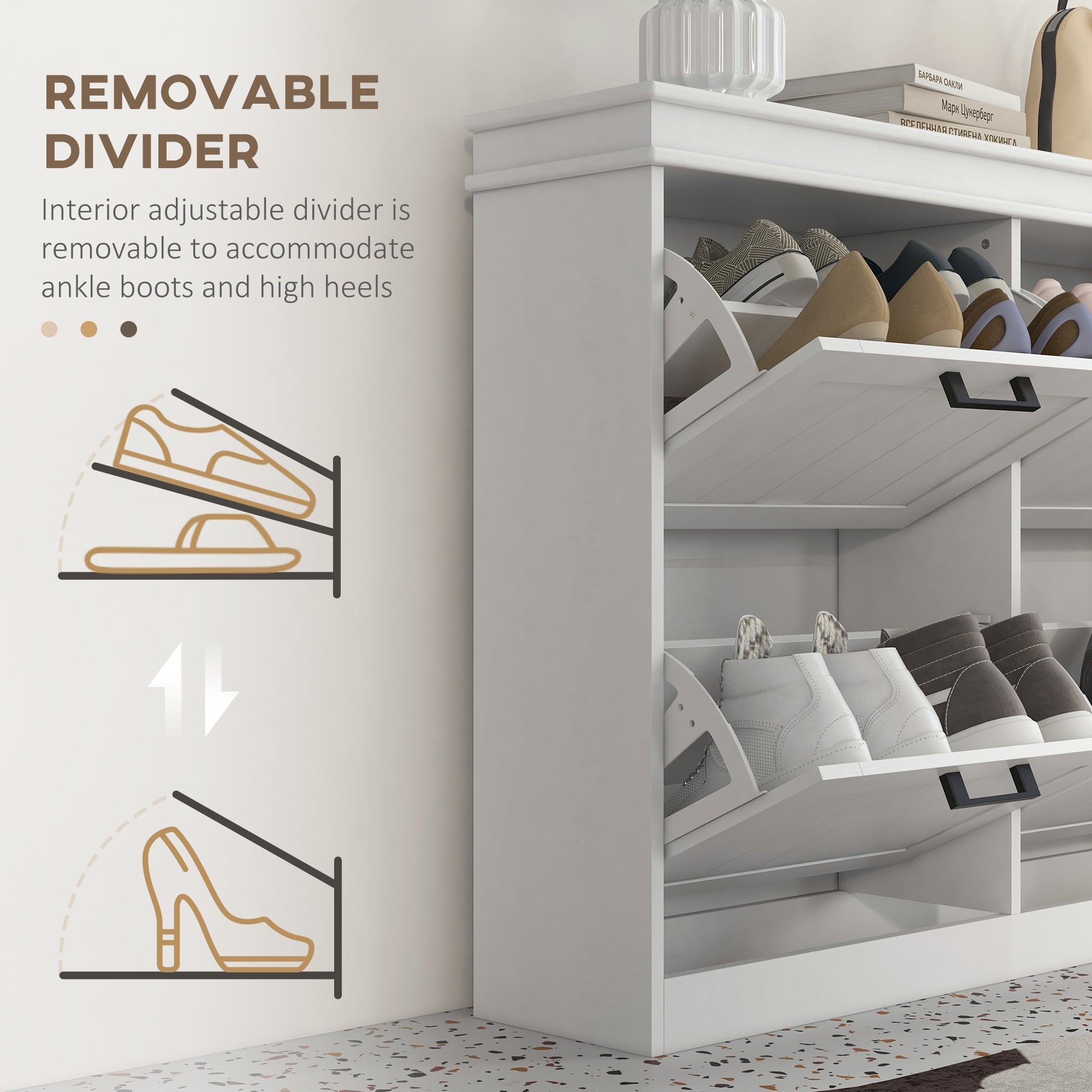 HOMCOM Space-Saving Shoe Storage Cabinet 4 Flip Drawers Adjustable Shelves for 20 Pairs Shoes White 