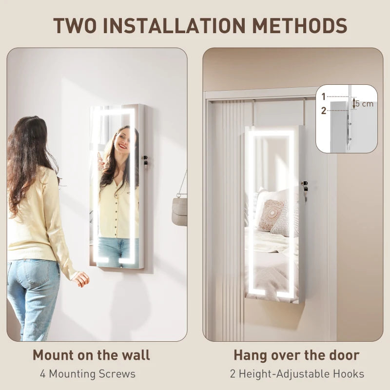 LED Lighted Jewelry Armoire with Mirror Jewelry Cabinet with Storage Lockable Door/Wall Mounted Jewelry Organizer, White