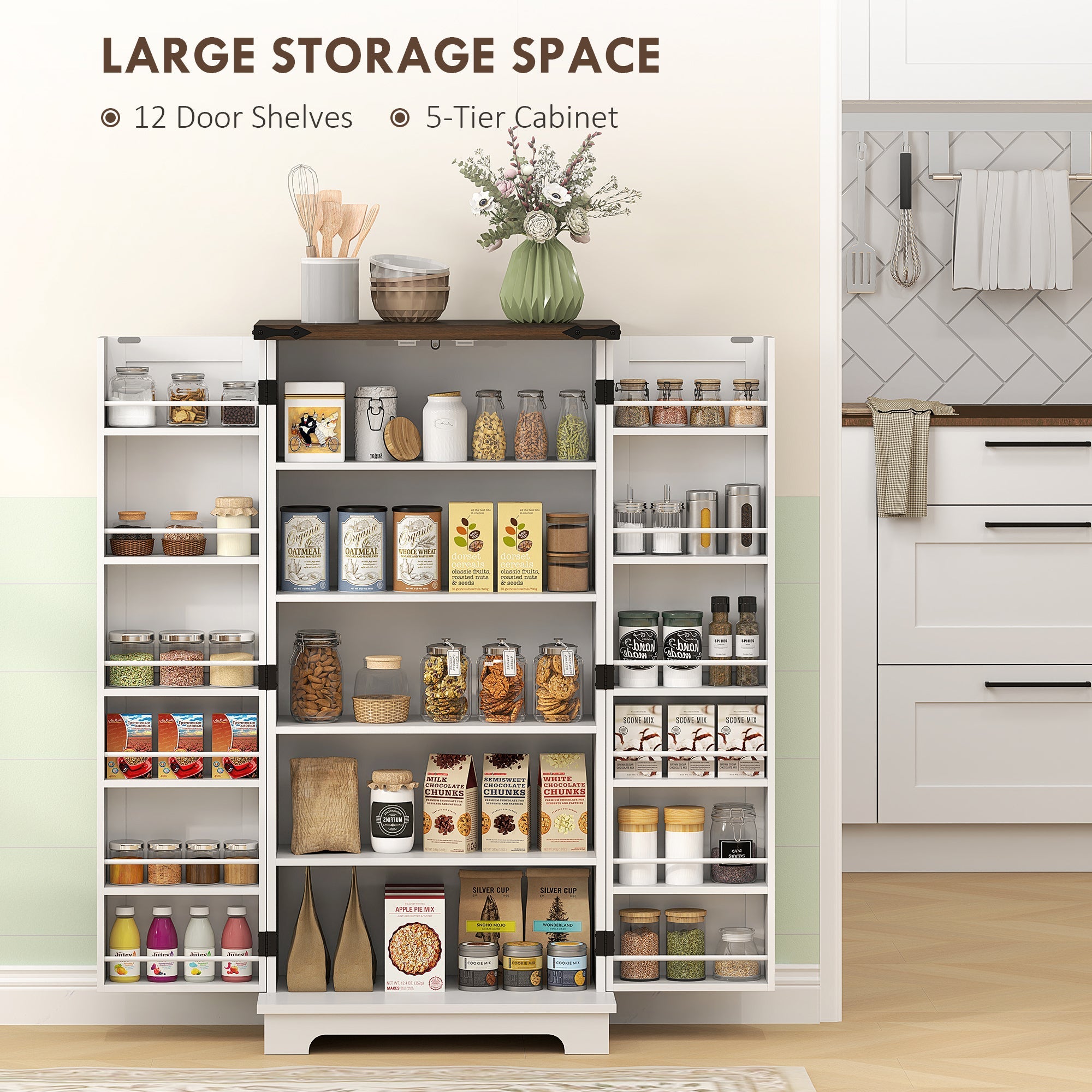 HOMCOM 47" Kitchen Pantry Storage Cabinet, Farmhouse Kitchen Pantry Cabinet with Adjustable Shelves and Door Shelves, White 
