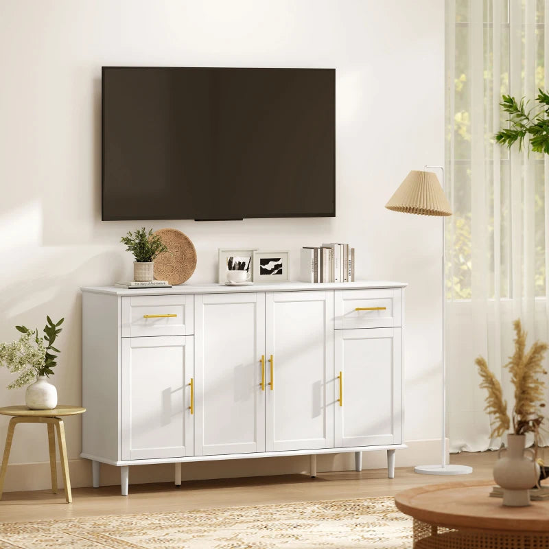 55" Buffet Cabinet with Soft-Close Doors, Modern Sideboard with 2 Drawers, 3 Adjustable Shelves and 4 Doors, White