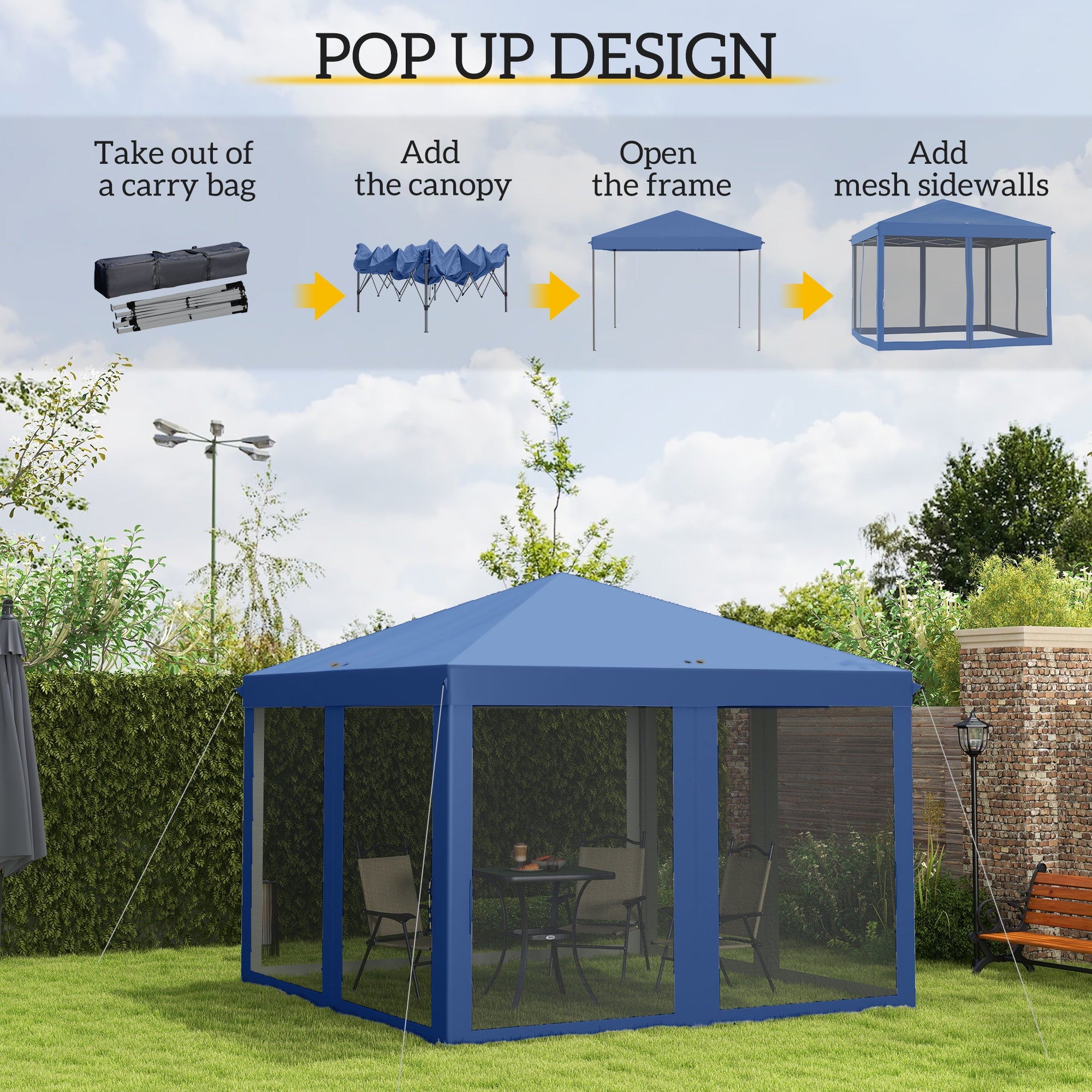Outsunny 10' x 10' Pop Up Canopy Tent Gazebo with Removable Mesh Sidewall Netting, Carry Bag for Backyard Patio Outdoor, Blue 