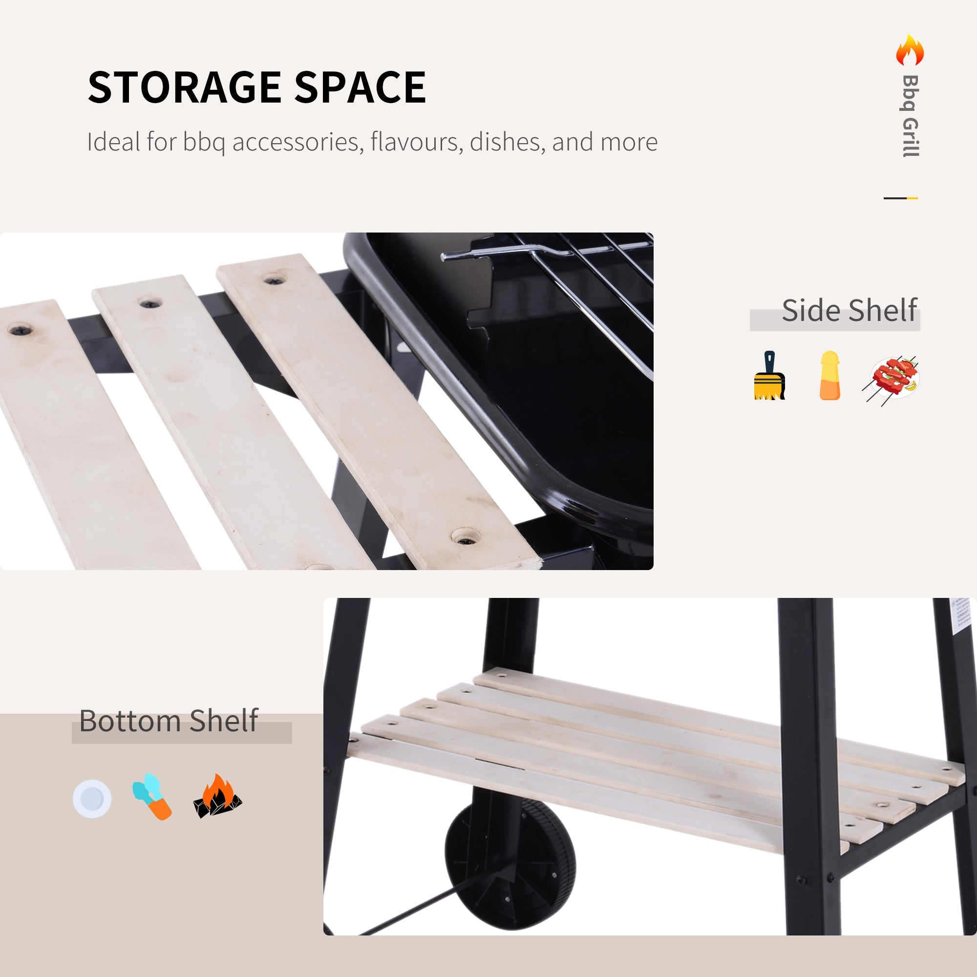 Outsunny Charcoal BBQ Grill Trolley with Side Trays & Storage - Outdoor Patio Garden Smoker, Heating, Portable with Wheels 