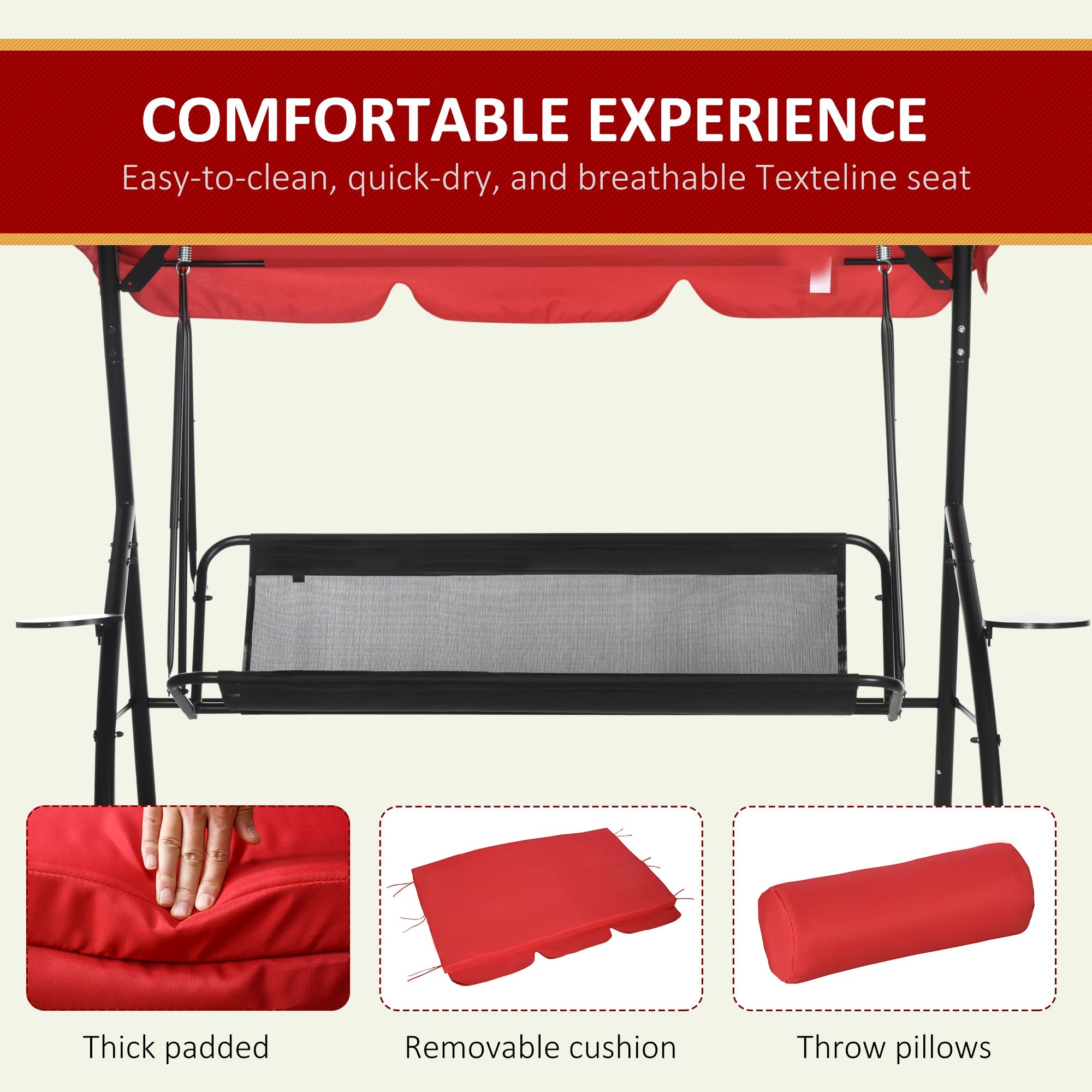 Outsunny 3-Seat Outdoor Patio Swing Chair: Converting Flat Bed, Canopy Glider with Adjustable Shade, Removable Cushion, Pillows 