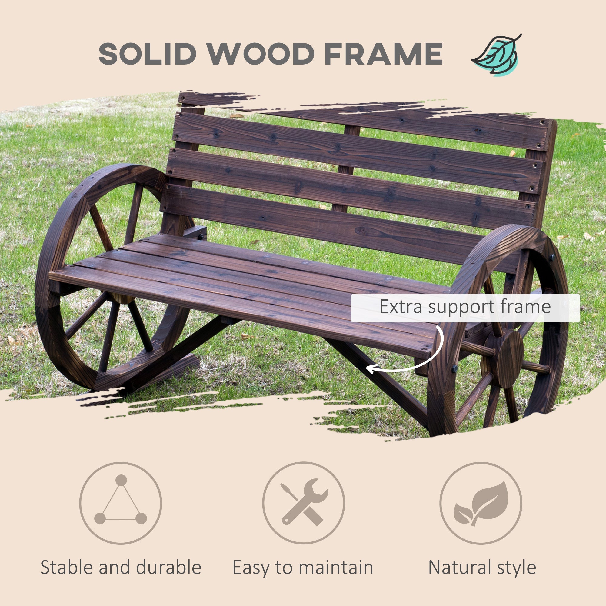 Outsunny 42" Wood Wagon Wheel Bench Rustic Garden Loveseat Outdoor Lounge Chair Brown 