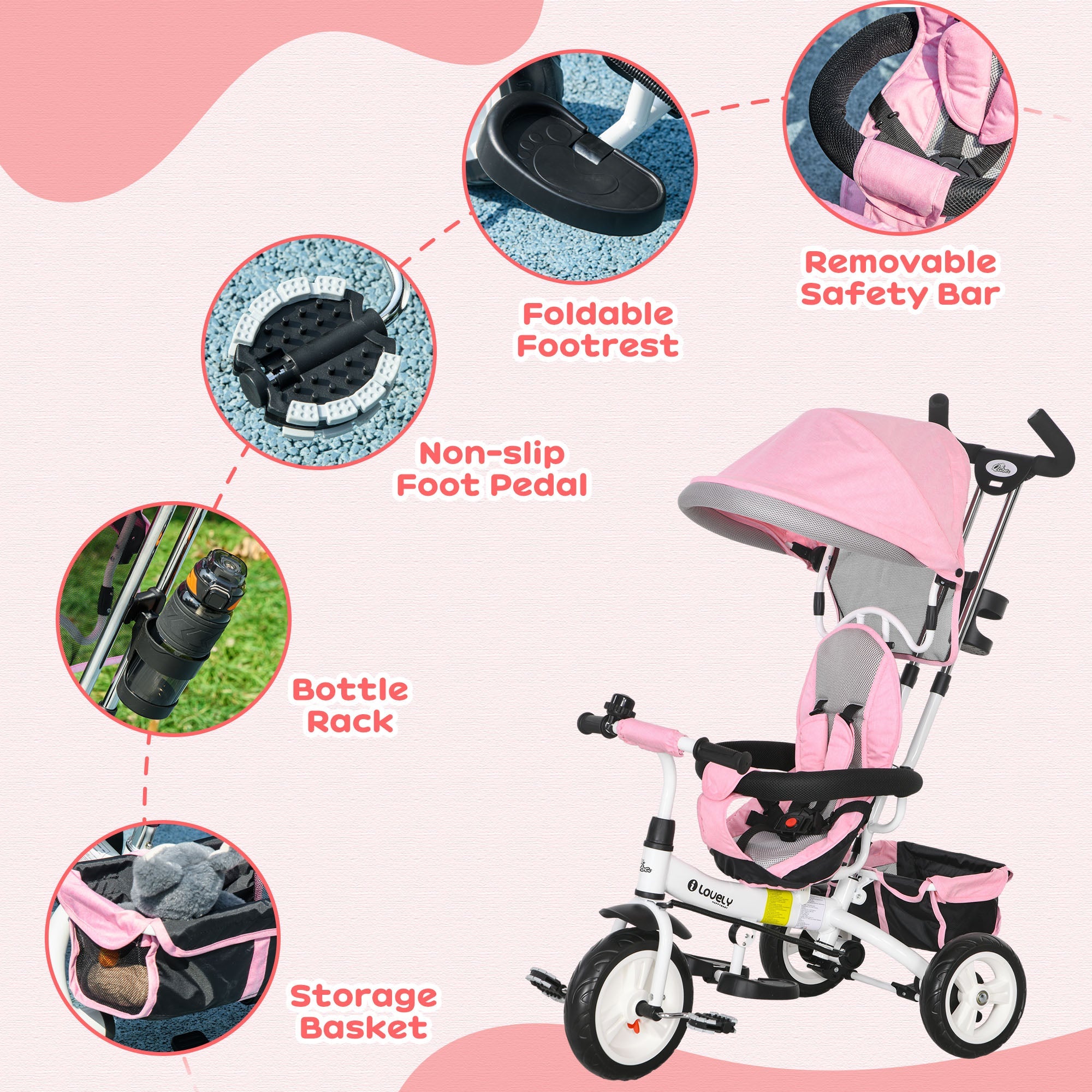 Qaba 4-in-1 Convertible Toddler Tricycle Stroller with Canopy Basket Safety Harness for Kids 12-60 Months Pink 