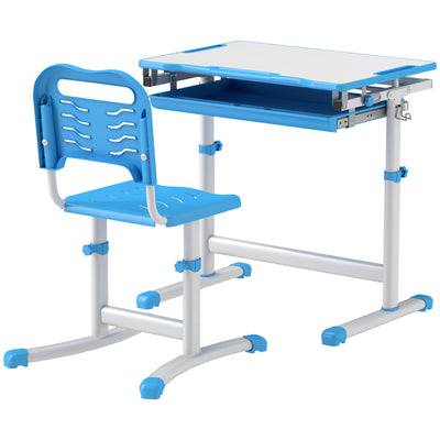 Qaba Height Adjustable Study Table and Chair Set with Drawer, Pen Slot, Tiltable Desktop, Hook, Blue 