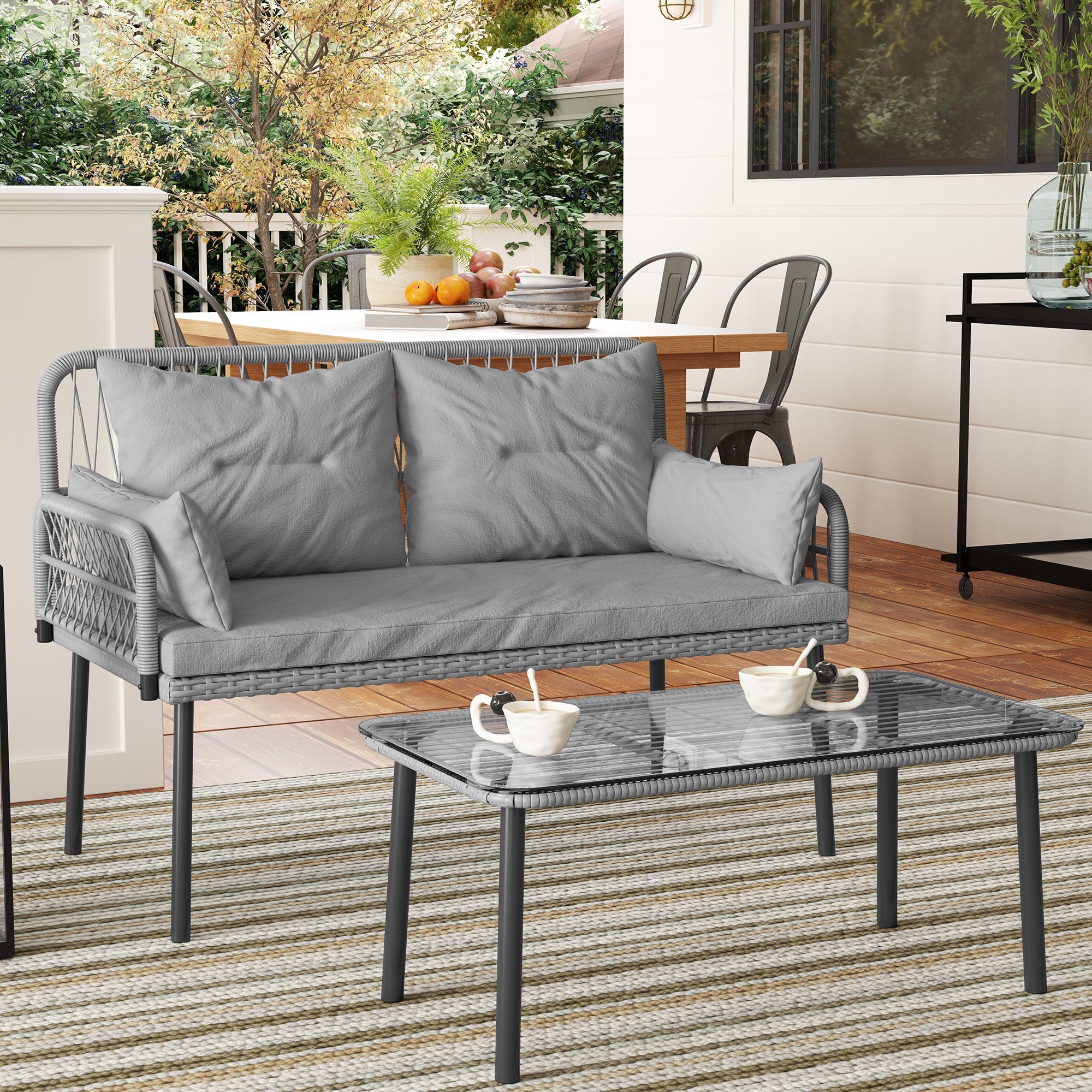 Outsunny 2 Pieces Wicker Patio Furniture Set, Small Patio Seat with Outdoor Loveseat, Glass Top Table and Cushions, Light Grey 