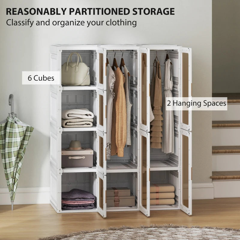 Portable Wardrobe, Foldable Plastic Closet with 8 Compartments, 2 Hanging Rods and Magnetic Clear Doors, Brown