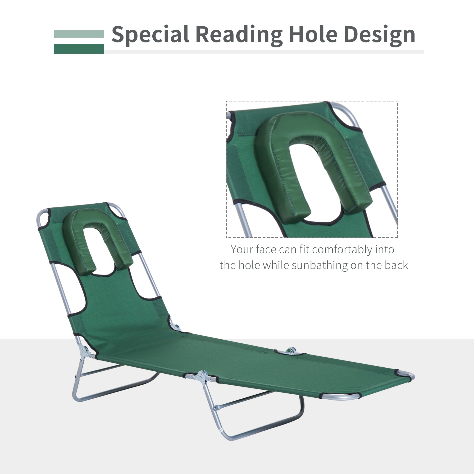 Outsunny Folding Adjustable Chaise Lounge w/ Face Cavity Outdoor Beach Camping Sun Lounger Bed Recliner (Green) 