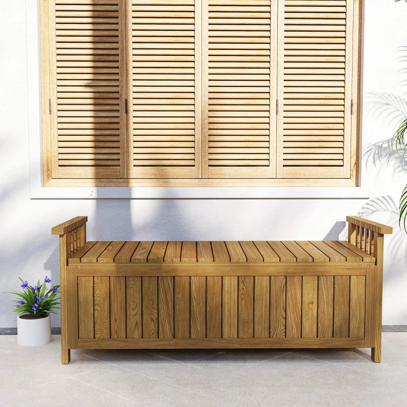 Wooden Bench with Storage Box, Outdoor Exterior Bench with Armrests for Patio Garden Balcony, Brown