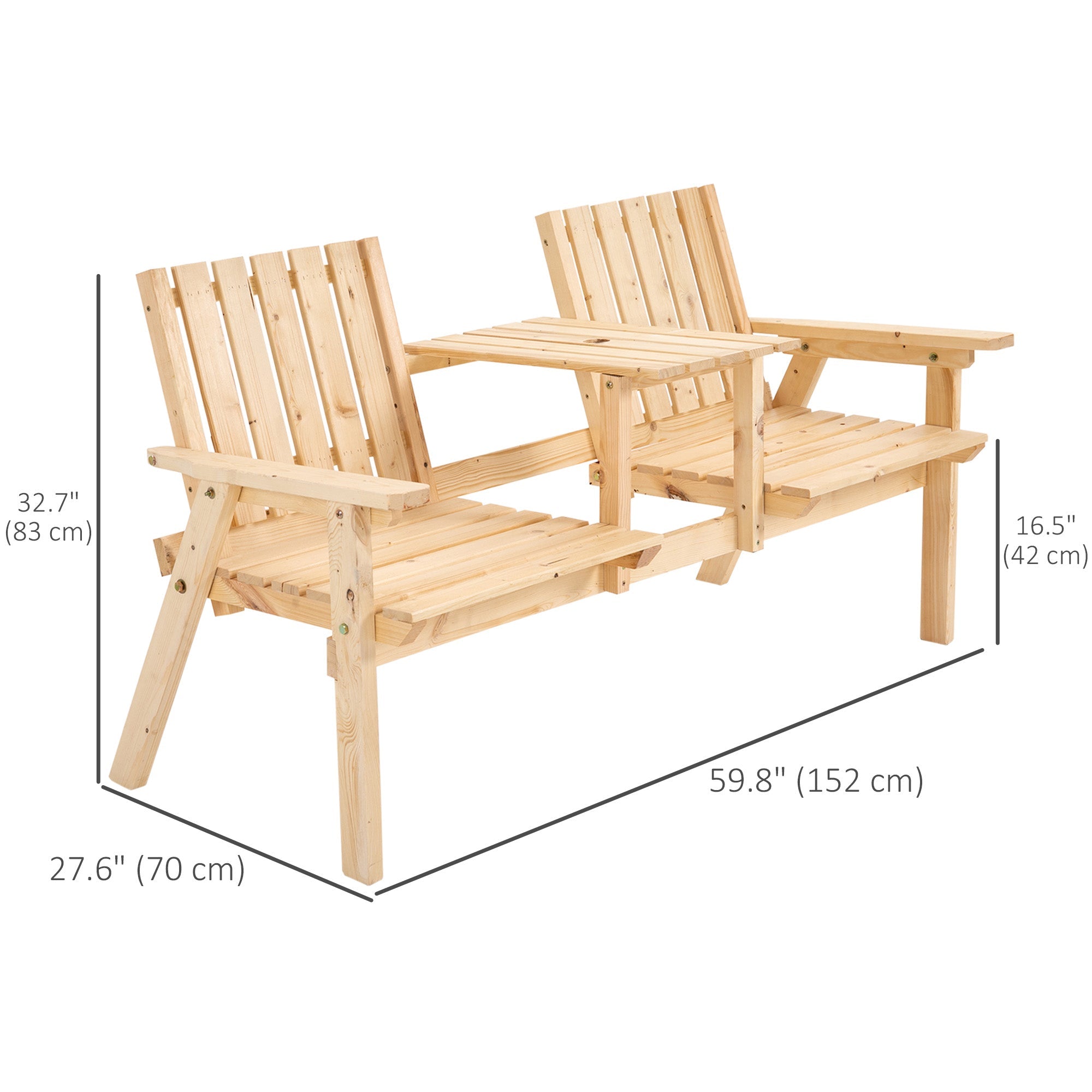 Outsunny Garden Bench for 2 Persons with Middle Table and Umbrella Hole, 2-Seater Outdoor Wooden Bench with Slat Design, Natural 