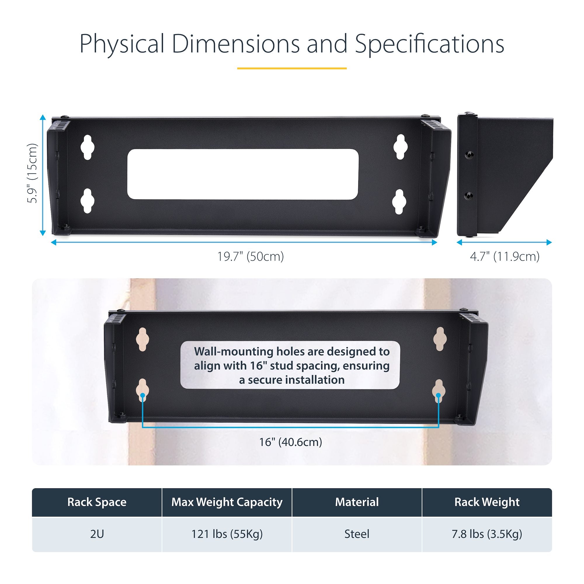 2U Vertical Wall-Mount Bracket For 19inch Rack Mountable Equipment, Max 121lb/55kg, For Patch Panels/Servers/NAS/Networking, Ships Flat-Packed, ISTA-6 