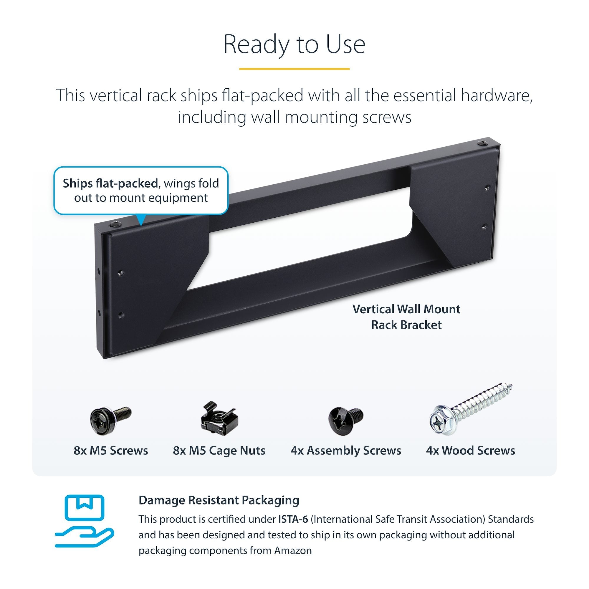 Vertical Wall-Mount Bracket for 19" Rack Equipment, Patch Panels, Servers, NAS – Max Load 121lb (55kg), Flat-Packed, ISTA-6 Certified 