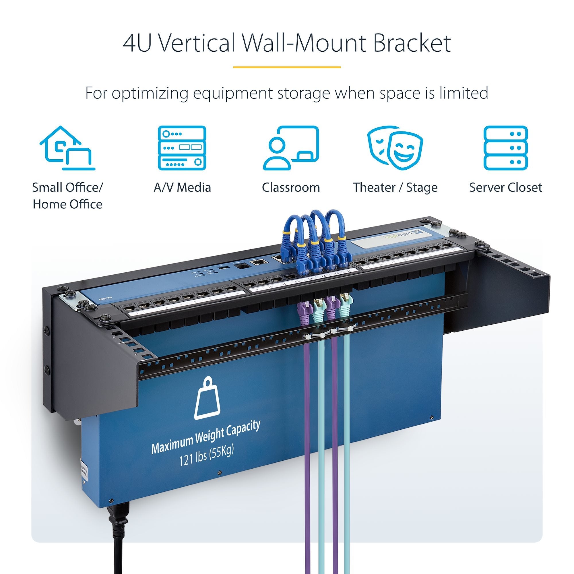 Vertical Wall-Mount Bracket for 19" Rack Equipment, Patch Panels, Servers, NAS – Max Load 121lb (55kg), Flat-Packed, ISTA-6 Certified 