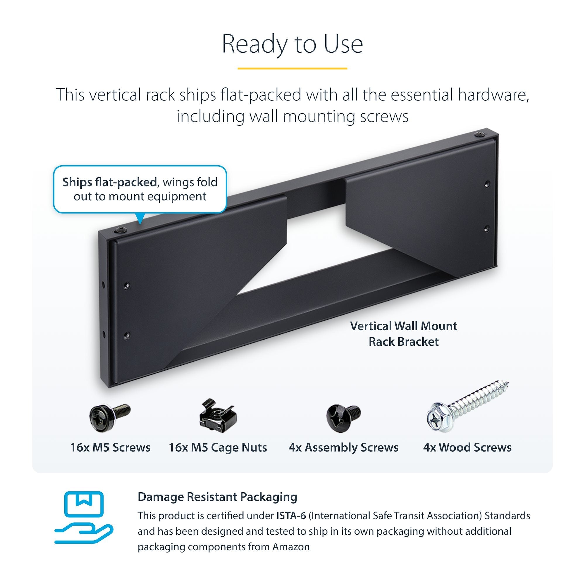 Vertical Wall-Mount Bracket for 19" Rack Equipment, Patch Panels, Servers, NAS – Max Load 121lb (55kg), Flat-Packed, ISTA-6 Certified 