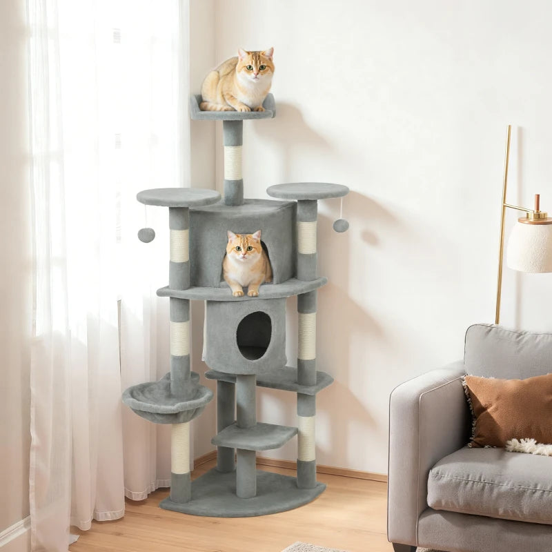 62" Cat Tree with Scratching Post, 2 Condos, Hammock, Perches, Plush, Pompoms, for Indoor Cats, Light Grey