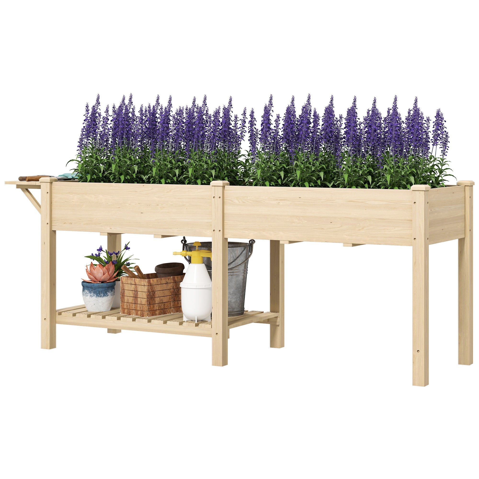 Outsunny Raised Garden Bed, Wood Planter Box with Side Table, Bottom Shelf, Bed Liners and Drainage Holes, Natural 