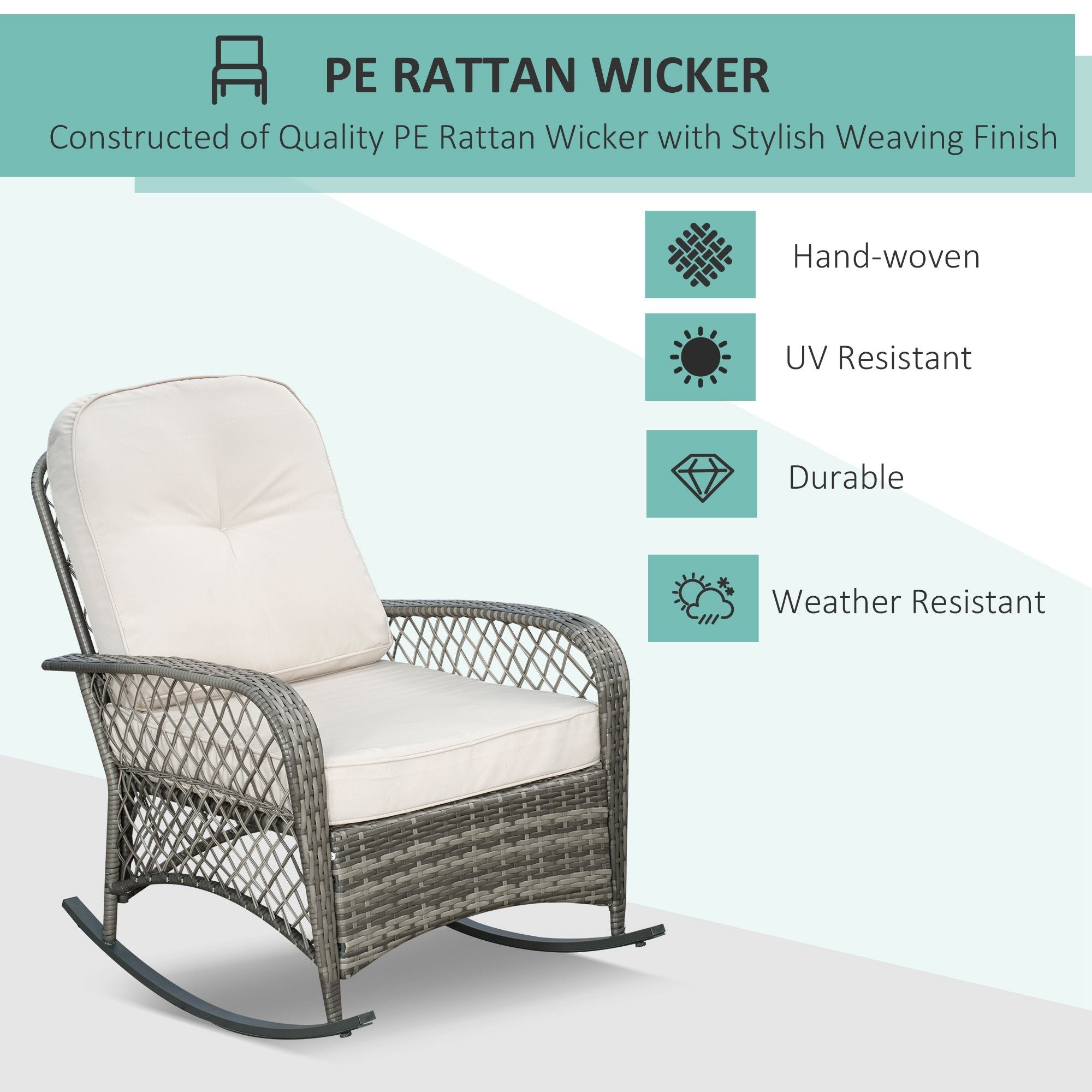 Outsunny PE Rattan Rocking Chair Outdoor Patio Wicker Recliner with Soft Cushion for Garden Backyard Porch Khaki 